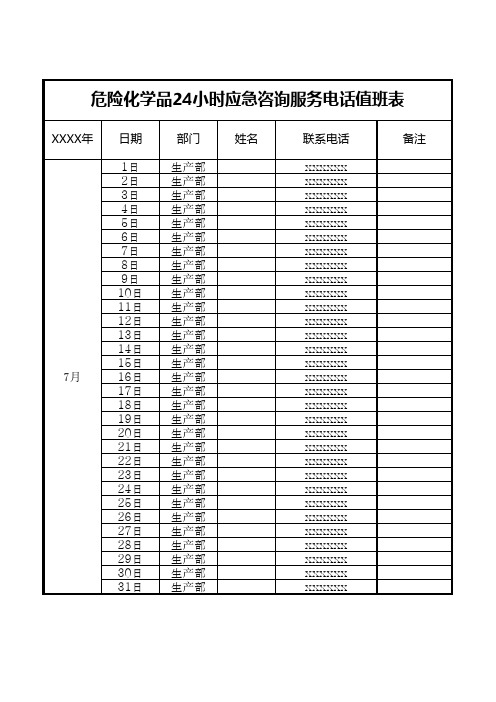 危险化学品24小时应急咨询服务值班表