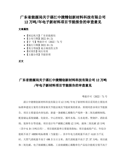 广东省能源局关于湛江中捷精创新材料科技有限公司12万吨年电子新材料项目节能报告的审查意见