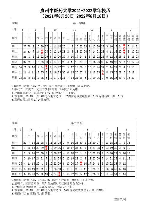 贵州中医药大学2021-2022学年校历