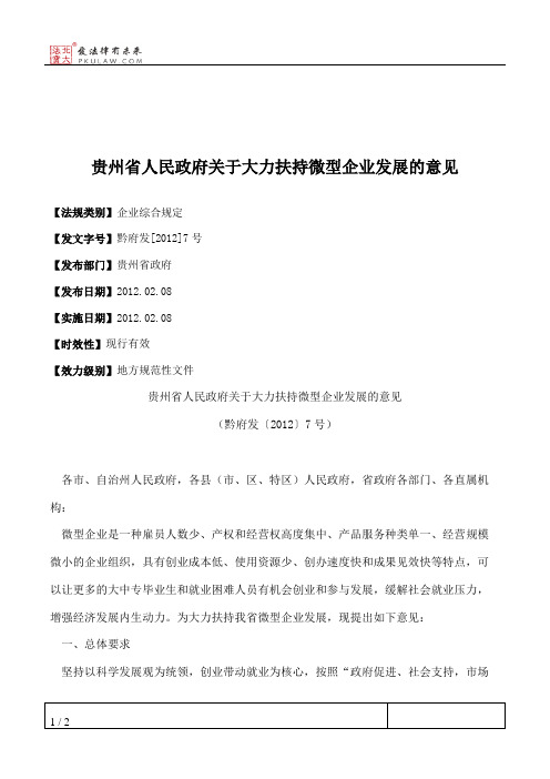 贵州省人民政府关于大力扶持微型企业发展的意见