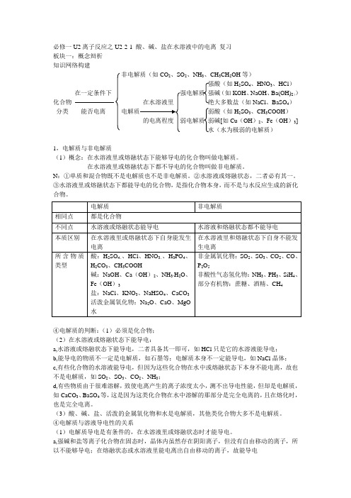 必修一U2离子反应之U2-2-1 酸、碱、盐在水溶液中的电离 复习