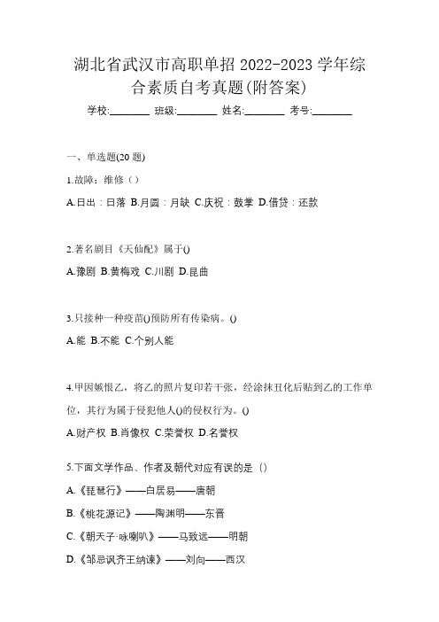 湖北省武汉市高职单招2022-2023学年综合素质自考真题(附答案)