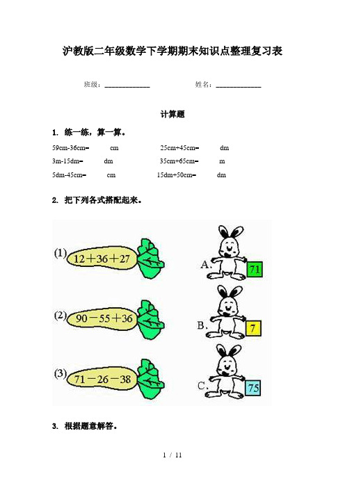 沪教版二年级数学下学期期末知识点整理复习表