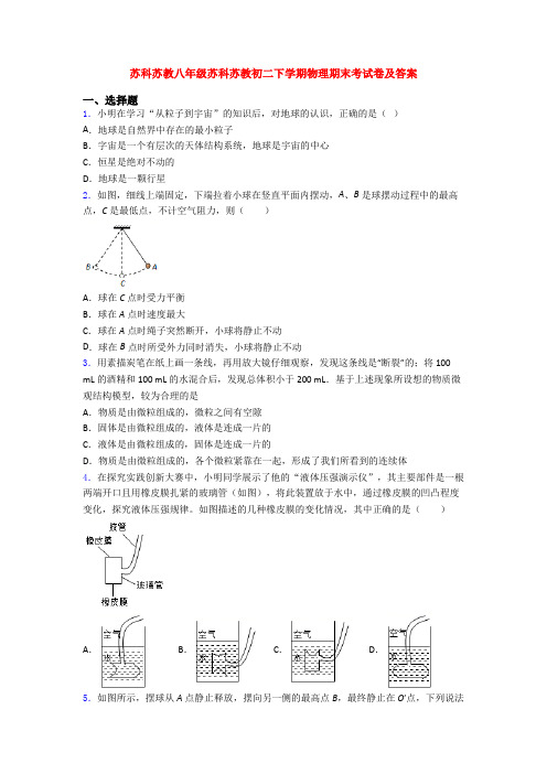 苏科苏教八年级苏科苏教初二下学期物理期末考试卷及答案