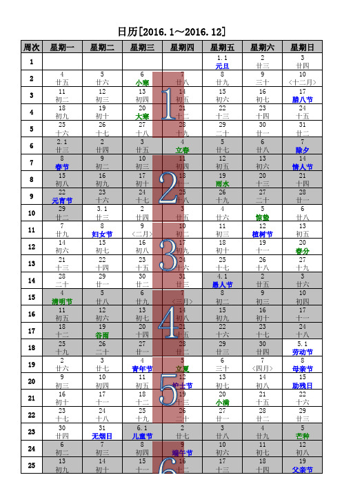 2016年日历(含2016年农历_2016年周历_2016年节气)