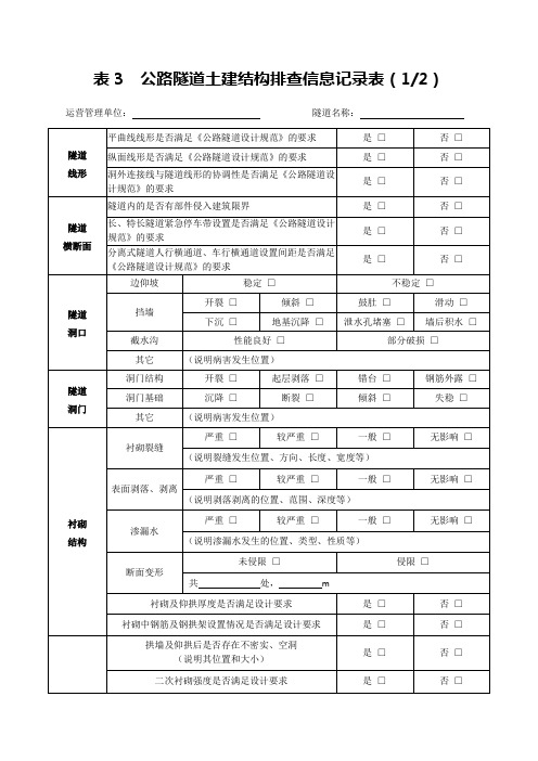 表3 公路隧道土建结构排查信息记录表