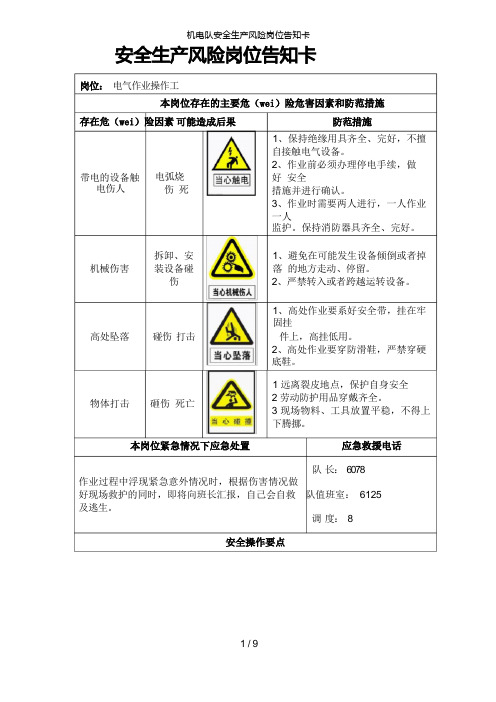 机电队安全生产风险岗位告知卡