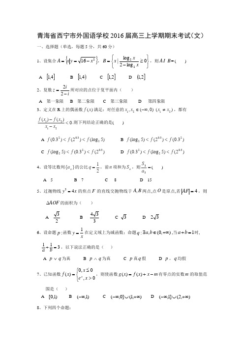 数学---青海省西宁市外国语学校2016届高三上学期期末考试(文)