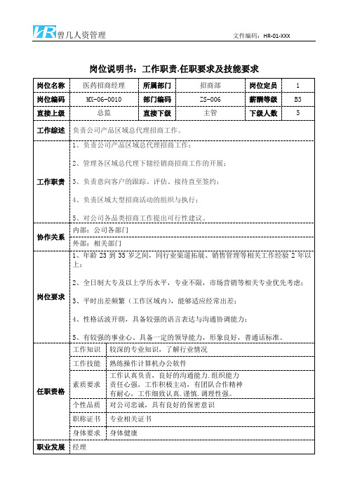 医药招商经理工作职责岗位说明书和任职要求