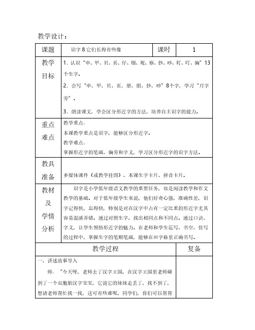 最新语文S版一年级语文下册识字8、它们长得有些像 教案(教学设计、说课稿、导学案)a