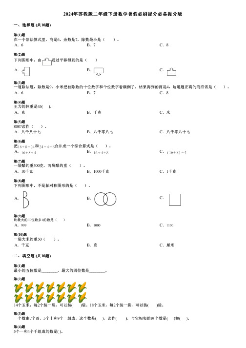 2024年苏教版二年级下册数学暑假必刷提分必备提分版