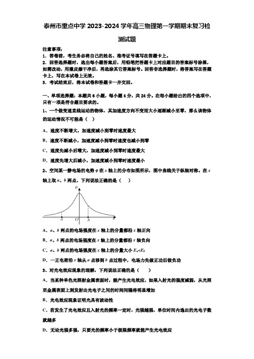 泰州市重点中学2023-2024学年高三物理第一学期期末复习检测试题含解析