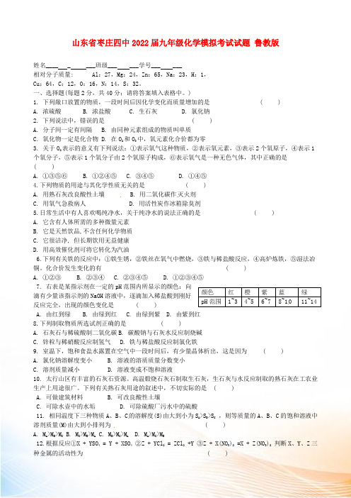 山东省枣庄四中2022届九年级化学模拟考试试题 鲁教版