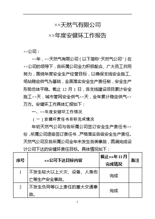 天然气公司年度安健环工作报告