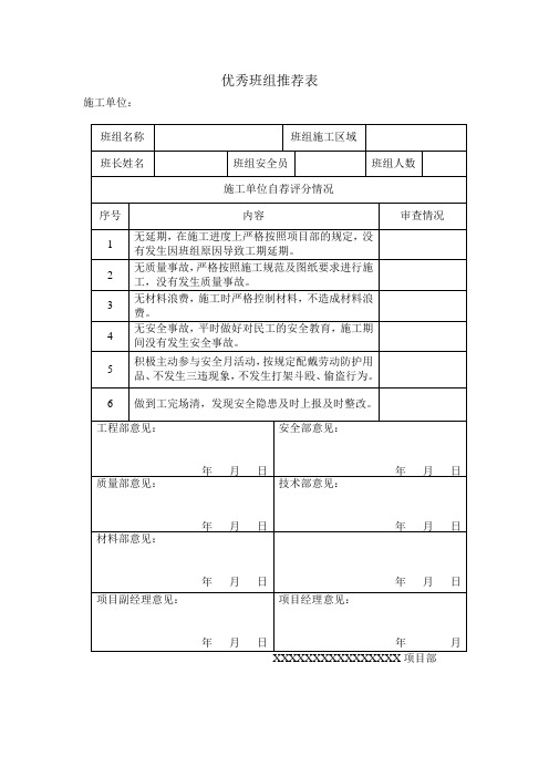 施工单位优秀班组推荐表