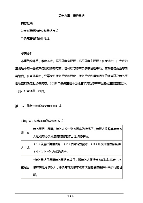 2019年注册会计师考试知识要点分析及考前押题第十九章 债务重组