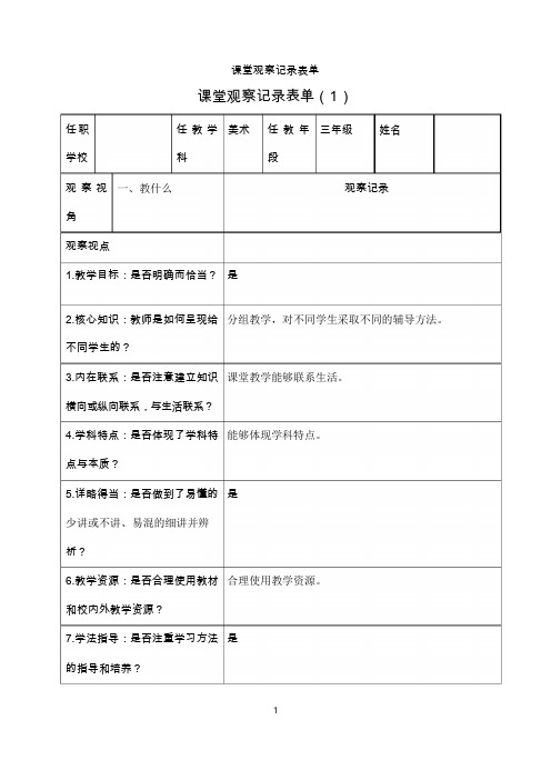 小学美术课堂观察记录表单