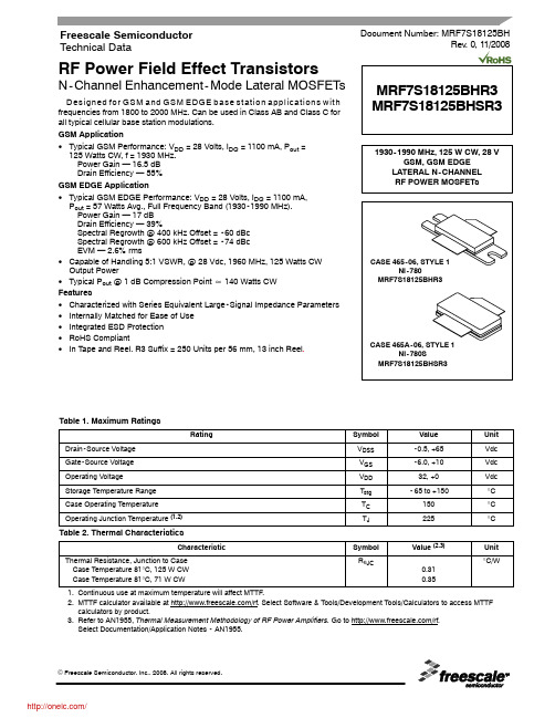 MRF7S18125BHR3;MRF7S18125BHR5;MRF7S18125BHSR3;MRF7S18125BHSR5;中文规格书,Datasheet资料