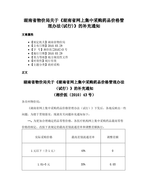 湖南省物价局关于《湖南省网上集中采购药品价格管理办法(试行)》的补充通知