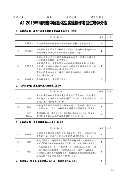 2019年河南省中考理化生实验A试卷评分卡