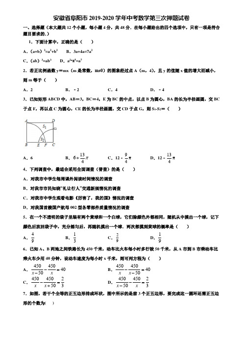 安徽省阜阳市2019-2020学年中考数学第三次押题试卷含解析