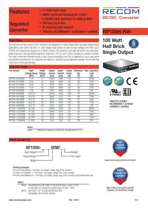 Recom RP100H-RW DC DC 转换器产品说明书