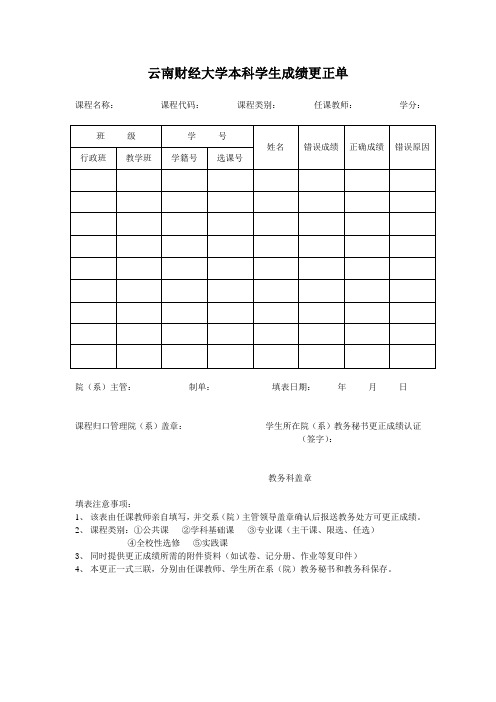 云南财经大学本科学生成绩更正单