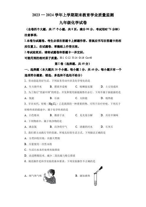 云南省楚雄州2023-2024学年九年级上学期期末教育学业质量监测化学试卷(含解析)