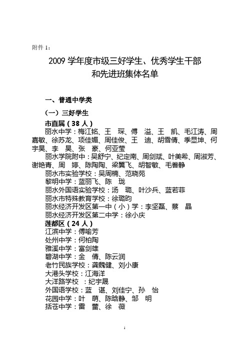 2009学年度市级三好学生,优秀学生干部和先进班集体名单