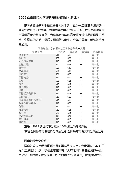 2006西南财经大学理科录取分数线（浙江）