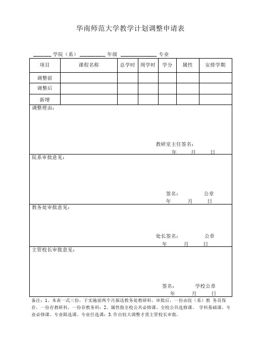 华南师范大学教学计划调整申请表