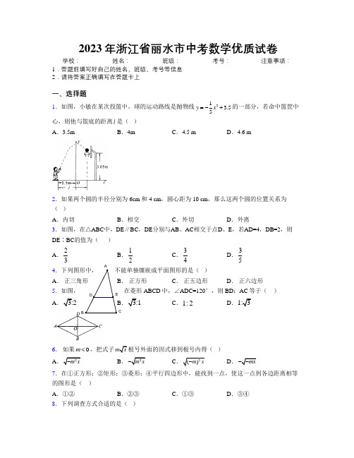 2023年浙江省丽水市中考数学优质试卷附解析