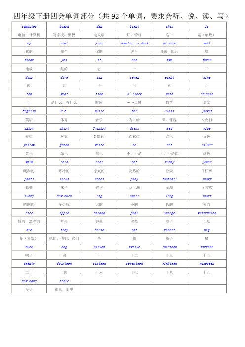 四年级下册四会单词部分