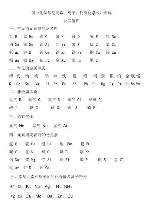 初中化学常见元素、离子、物质化学式、名称、俗称及记忆口诀