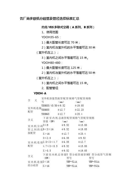 各厂商多联机分歧管及管径选择标准汇总