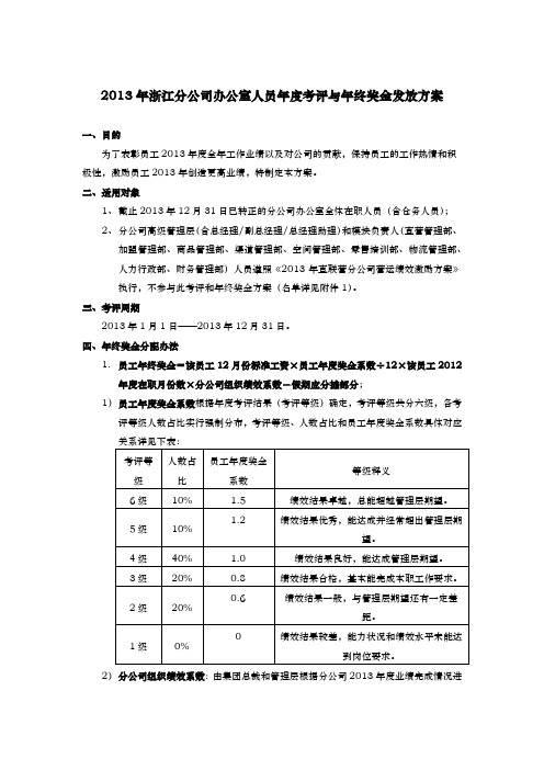 XX集团浙江分公司年度考评与年终奖金发放方案