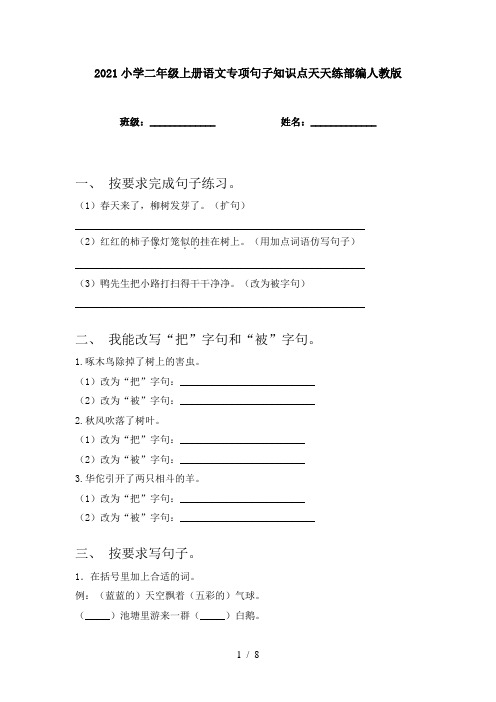 2021小学二年级上册语文专项句子知识点天天练部编人教版