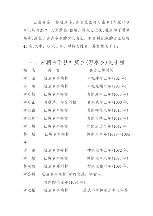 江西省余干县社庚乡历朝进士榜