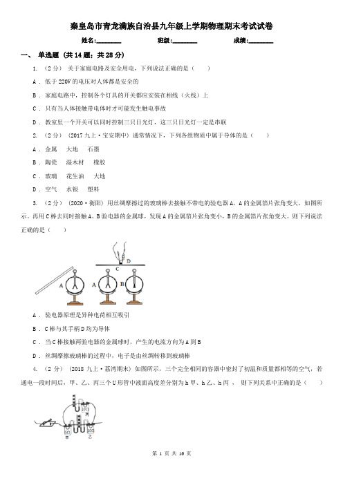 秦皇岛市青龙满族自治县九年级上学期物理期末考试试卷