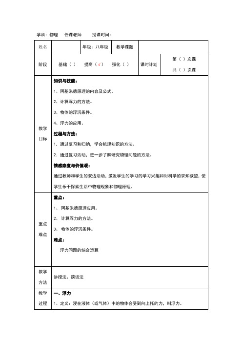 新人教版第十章浮力复习教案