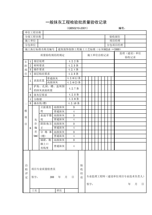 一般抹灰工程检验批质量验收记录表(附验收规范)