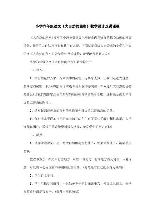 小学六年级语文《大自然的秘密》教学设计及说课稿