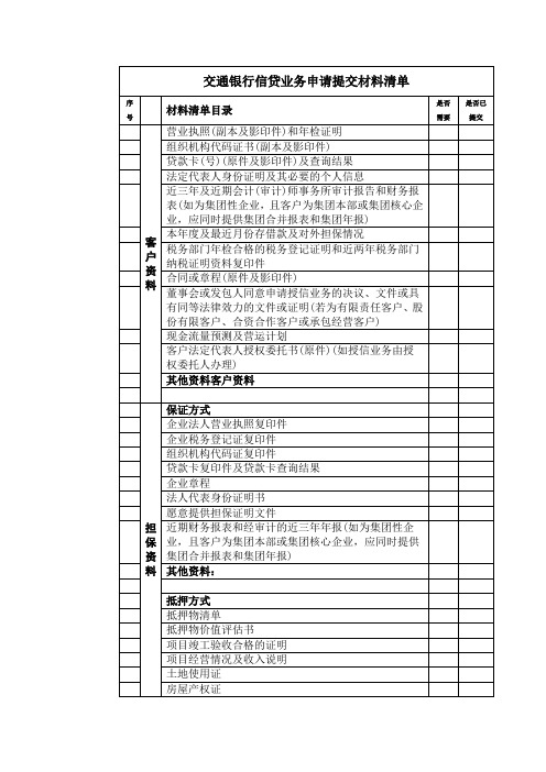 交通银行信贷业务申请提交材料清单