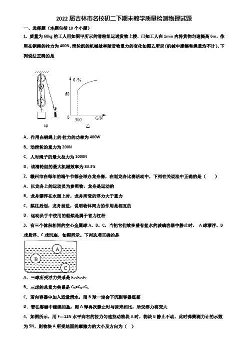 2022届吉林市名校初二下期末教学质量检测物理试题含解析