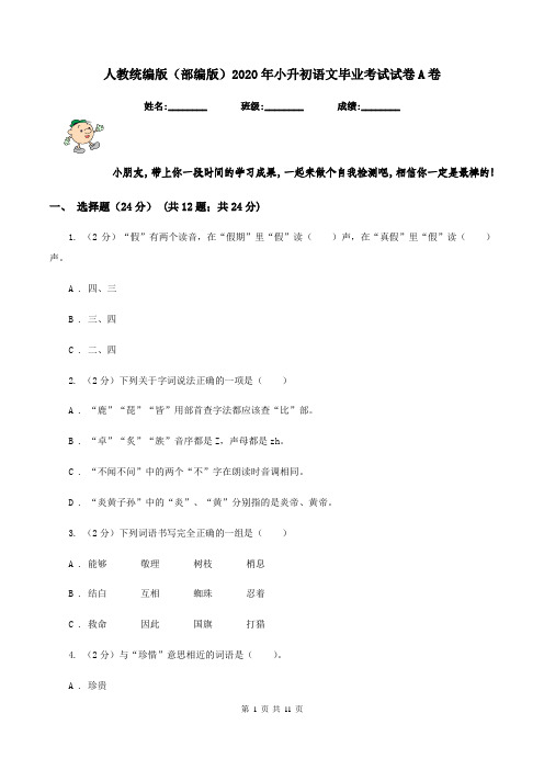 人教统编版(部编版)2020年小升初语文毕业考试试卷A卷