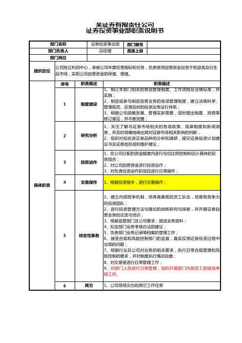 证券投资事业部部门证券公司部门职责说明书