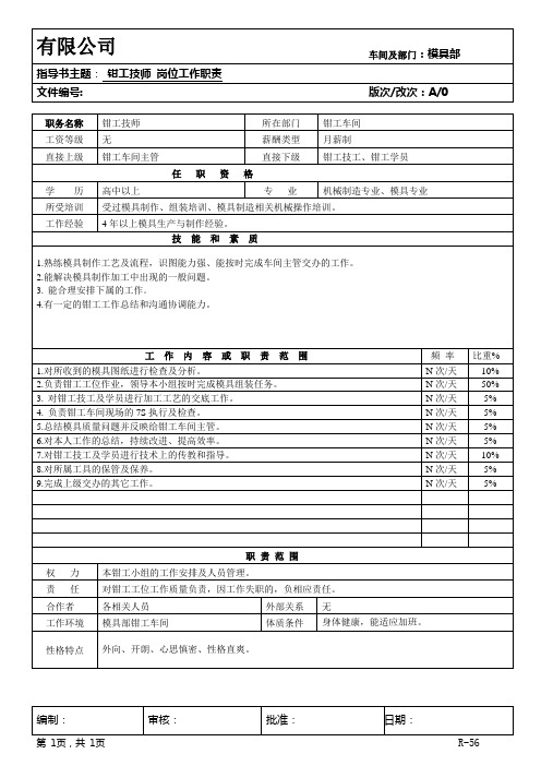 钳工技师岗位职责