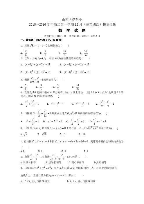 山西省山西大学附属中学2015-2016学年高二上学期12月月考数学试卷