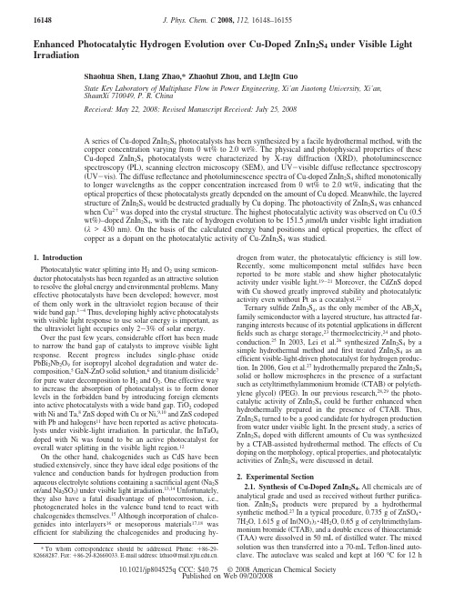 Enhanced Photocatalytic Hydrogen Evolution over Cu-Doped ZnIn2S4 under Visible Light Irradiation