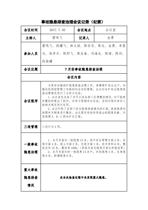 7-10月份矿长事故隐患排查治理会议记录